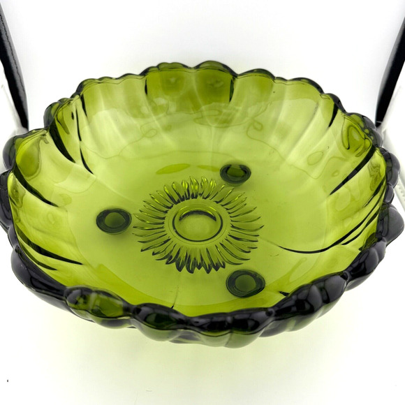 Vintage Indiana Glass Avocado Green Colony Petals Sunflower 11.5” Footed Bowl - Picture 2 of 7